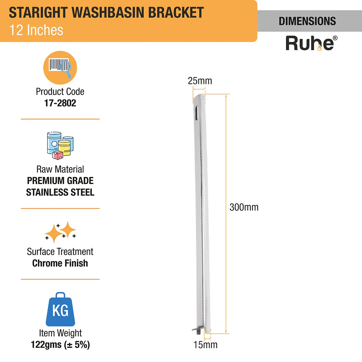 Straight Wash Basin Bracket (12 Inches) dimensions and size