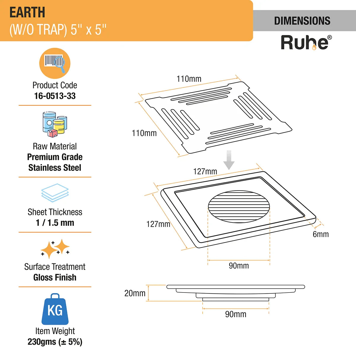 Earth Square Premium Floor Drain (5 x 5 Inches) - by Ruhe