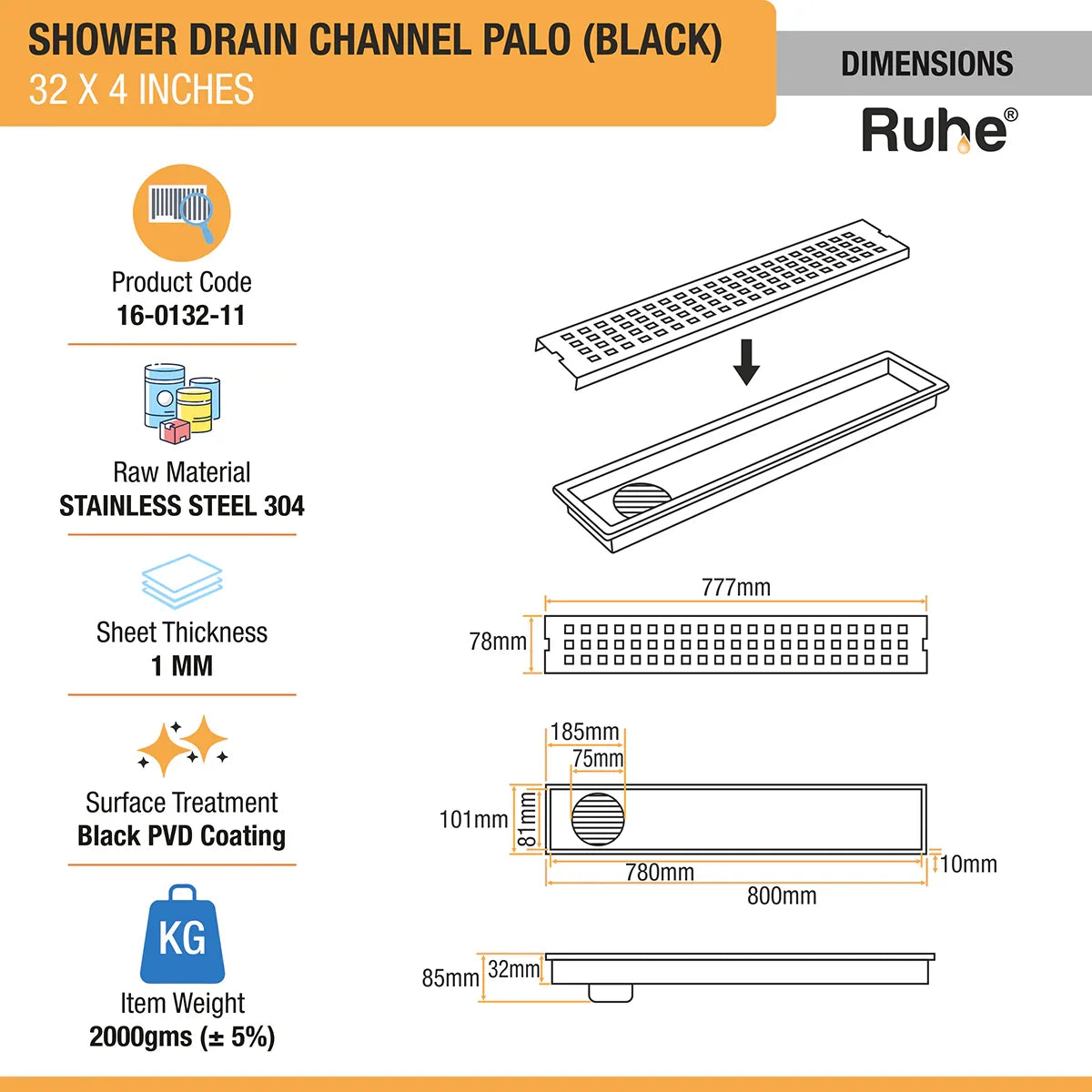 Palo Shower Drain Channel (32 x 4 Inches) Black PVD Coated dimensions and sizes