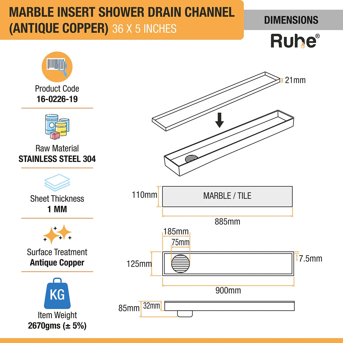 Marble-Insert Shower Drain Channel 5 inches