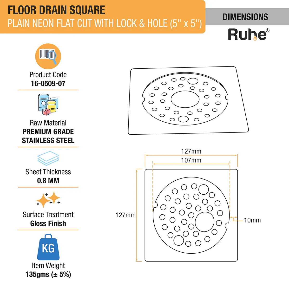 Plain Neon Square Flat Cut Floor Drain (5 x 5 inches) with Lock and Hole dimesions and size