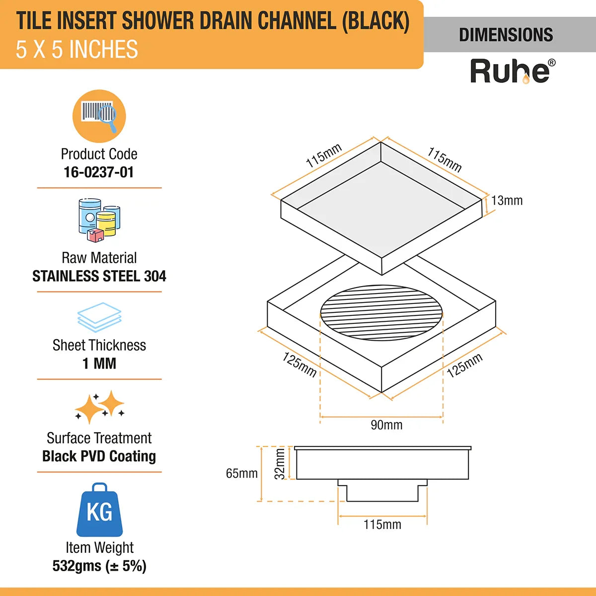 Tile-Insert Shower Drain Channel (5 x 5 Inches)
