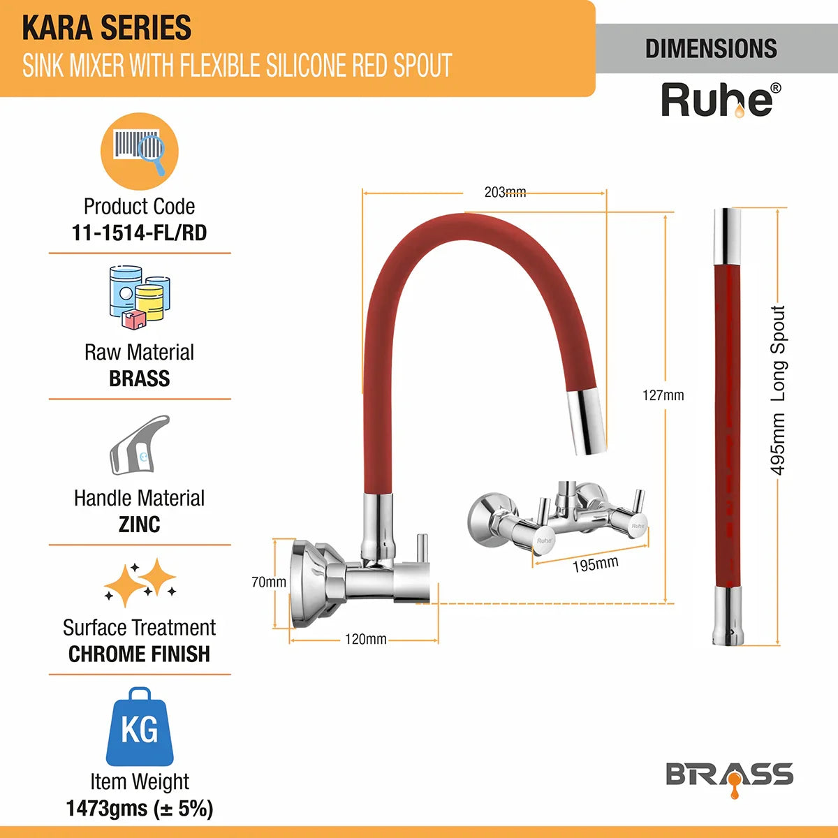 Kara Sink Mixer Brass Faucet with Silicone Red Flexible Spout dimensions and sizes