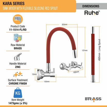 Kara Sink Mixer Brass Faucet with Silicone Red Flexible Spout dimensions and sizes