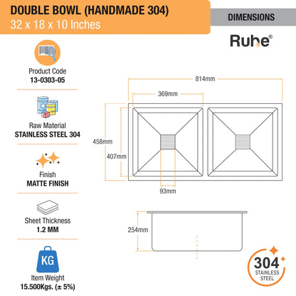 Handmade Double Bowl Kitchen Sink (32 x 18 x 10 Inches) (Dimensions)