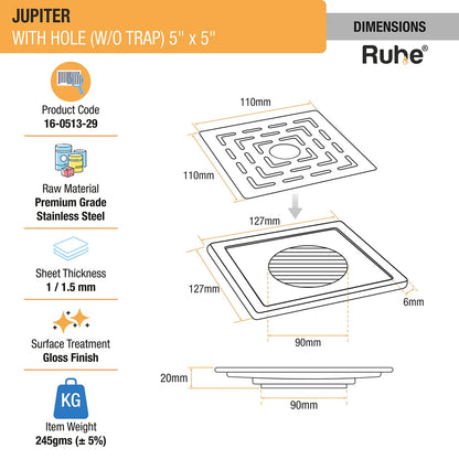 Jupiter Square Premium Floor Drain (5 x 5 Inches) with Hole - by Ruhe