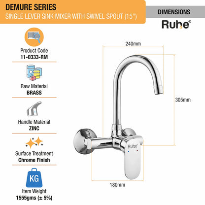 Demure Single Lever Wall-mount Kitchen Sink Mixer Tap with Medium Swivel Spout (15") - by Ruhe