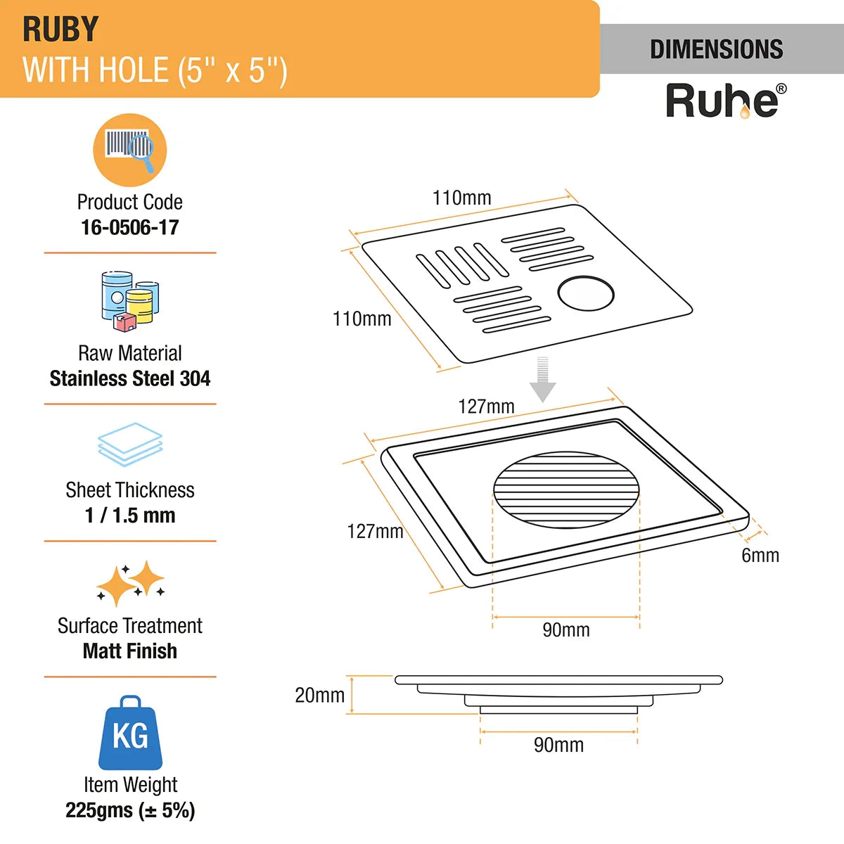 Ruby Square 304 Grade Floor Drain with Hole (5 x 5 Inches) - by Ruhe