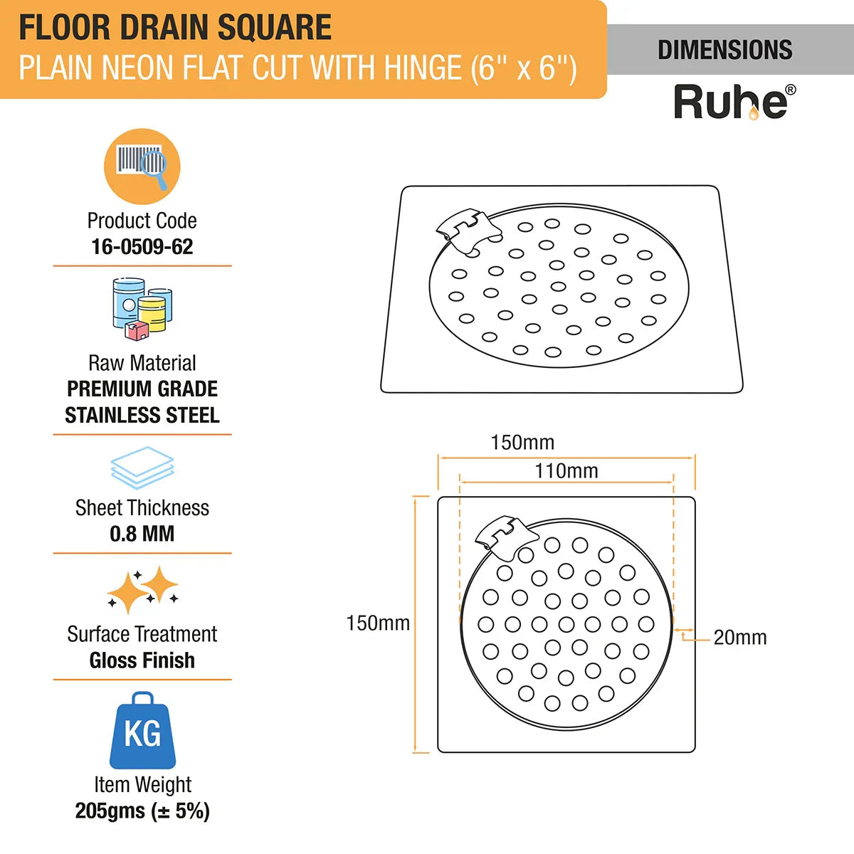 Plain Neon Square Flat Cut Floor Drain (6 x 6 inches) with Hinged Grating Top dimensions and size