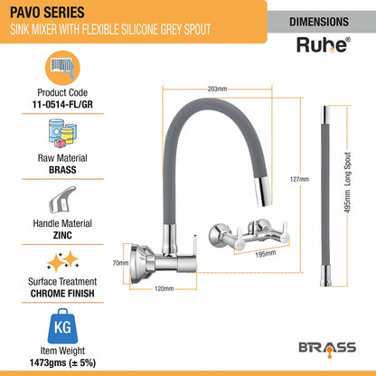 Pavo Wall Mount Kitchen Sink Mixer Tap with Coloured Flexible Silicone Spout