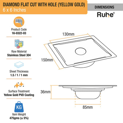 Diamond Square Flat Cut Floor Drain in Yellow Gold PVD Coating (6 x 6 Inches) with Hole dimensions and sizes