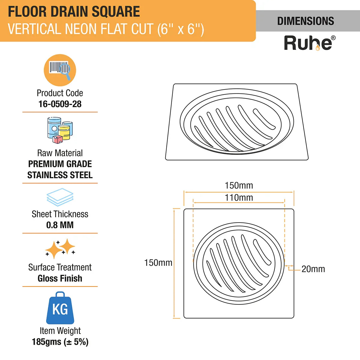 Vertical Neon Square Flat Cut Floor Drain (6 x 6 inches) dimensions and size