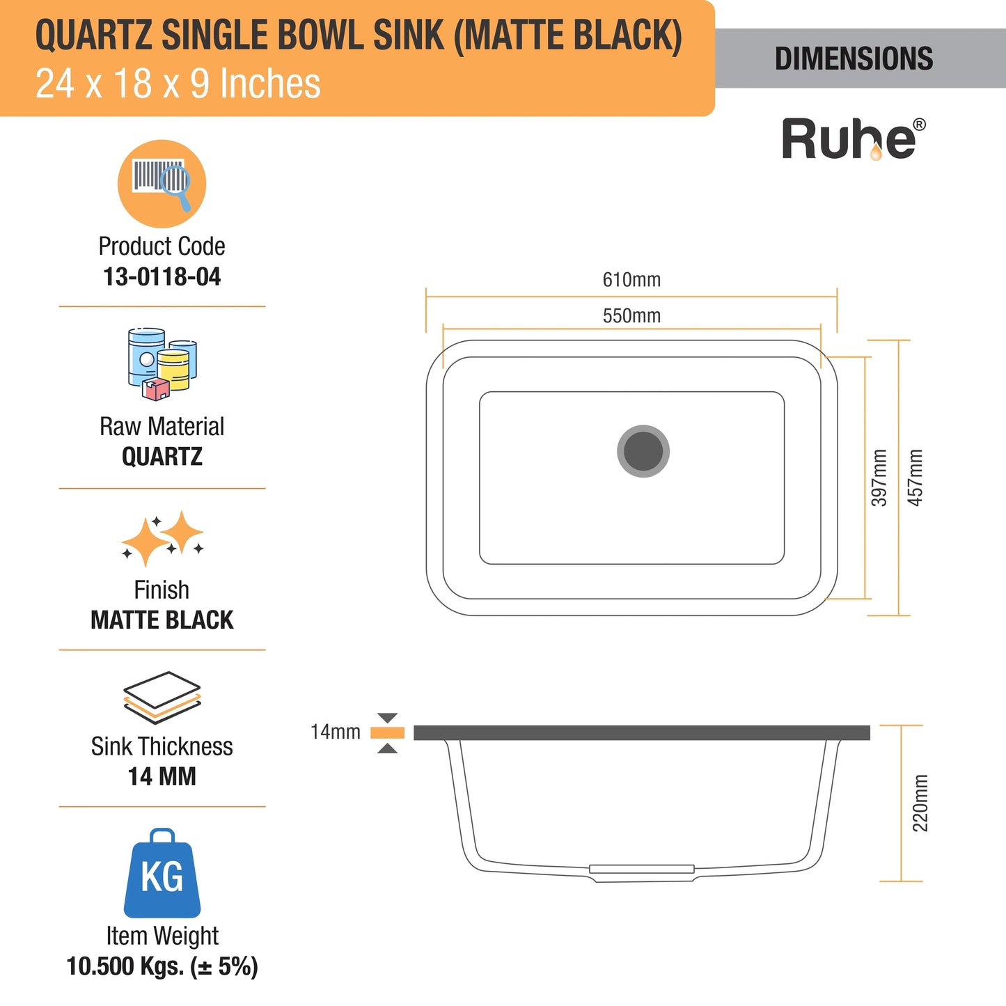 Quartz Single Bowl Round Kitchen Sink (24 x 18 x 9 Inches)