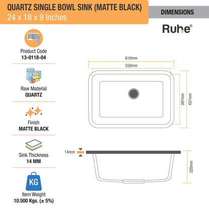 Quartz Single Bowl Round Kitchen Sink (24 x 18 x 9 Inches)