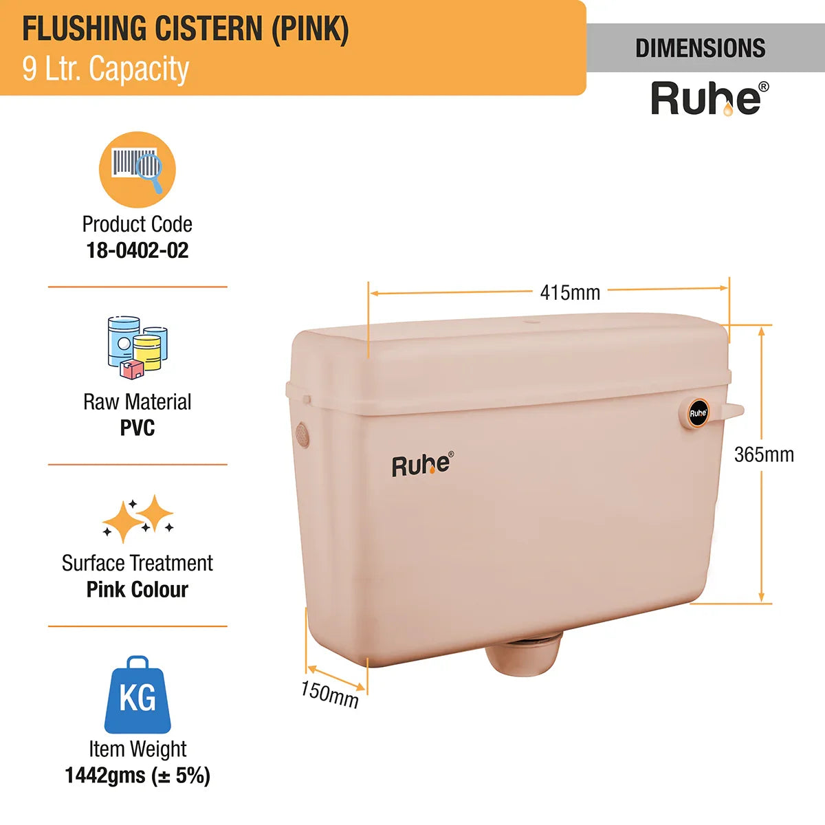 Pink Flushing Cistern (9 Ltr) dimensions and size