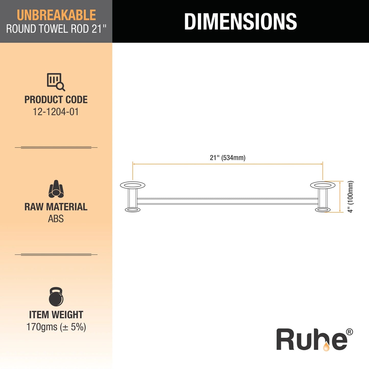 Round ABS Towel Rod (21 inches) dimensions and size