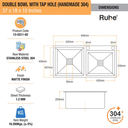 Handmade Double Bowl with Tap Hole Kitchen Sink (37 x 18 x 10 Inches) (Dimensions)