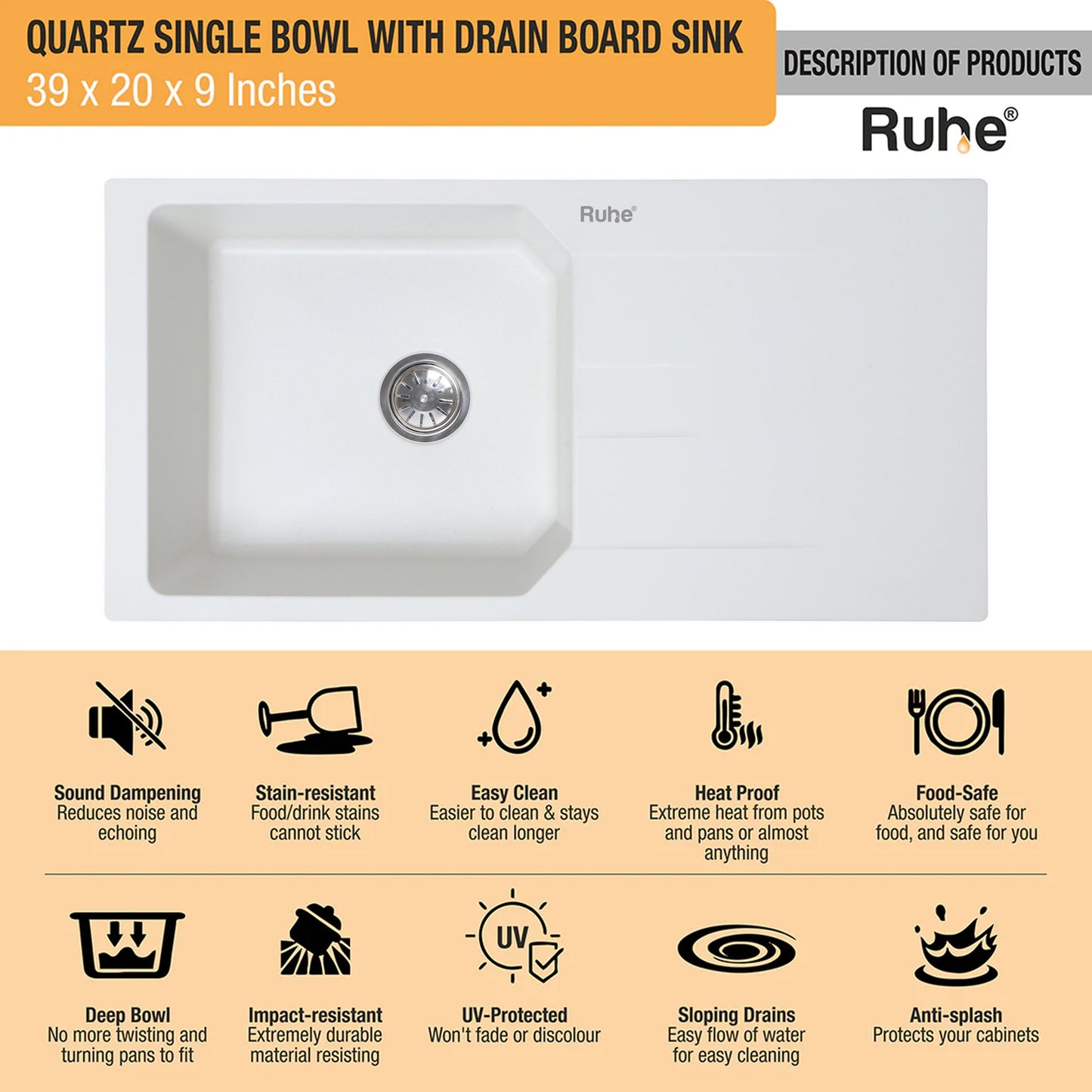Quartz Single Bowl with Drainboard Kitchen Sink (39 x 20 x 9 Inches)