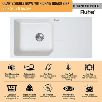 Quartz Single Bowl with Drainboard Kitchen Sink (39 x 20 x 9 Inches)