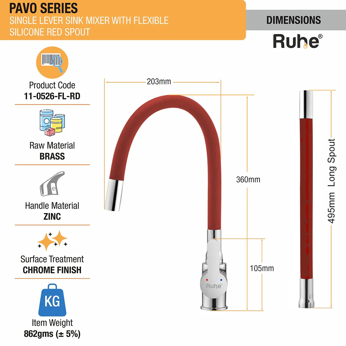Pavo Single Lever Sink Mixer Faucet with Silicone Red Flexible Spout dimensions and sizes