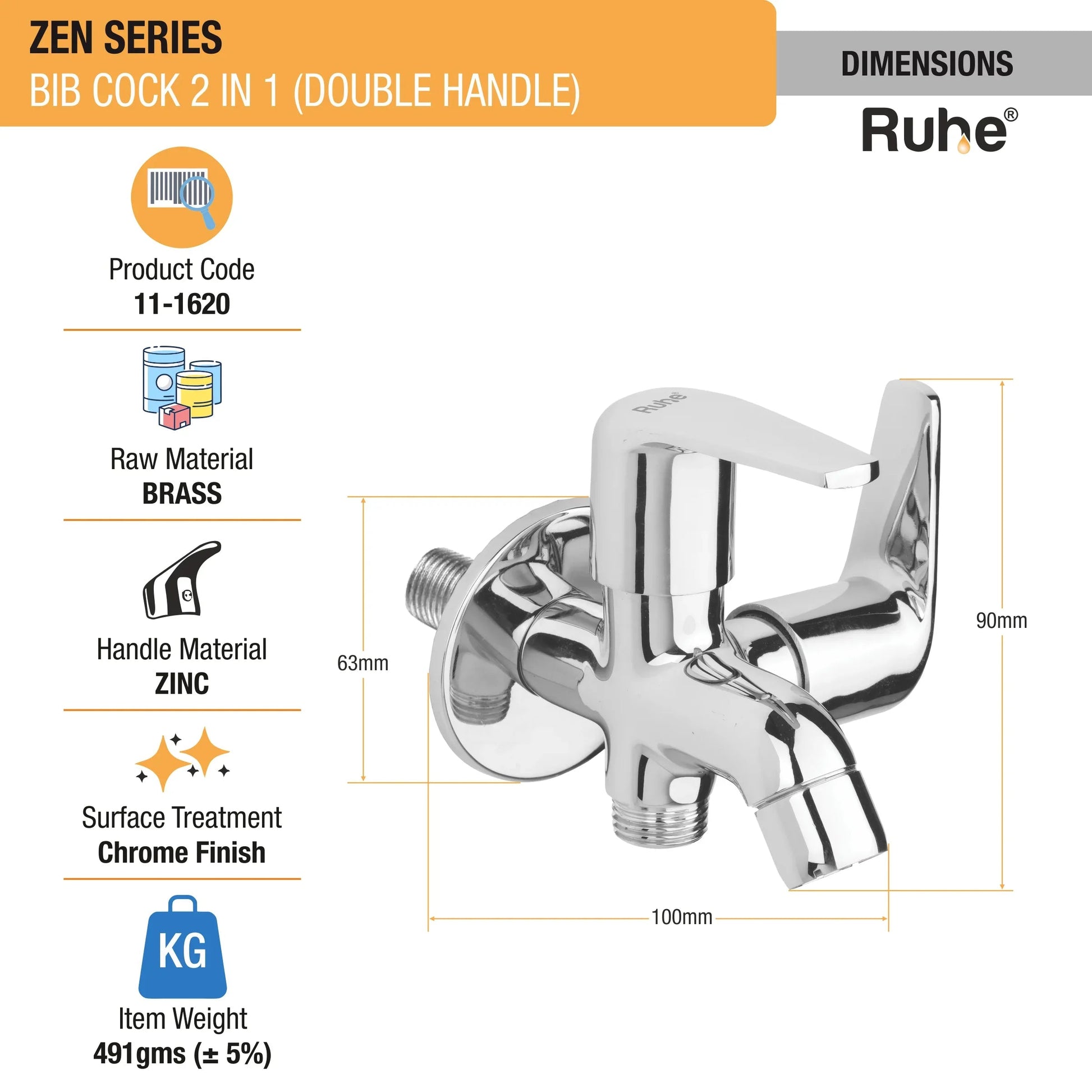 Zen Two Way Bib Tap (Double Handle) - Dimensions