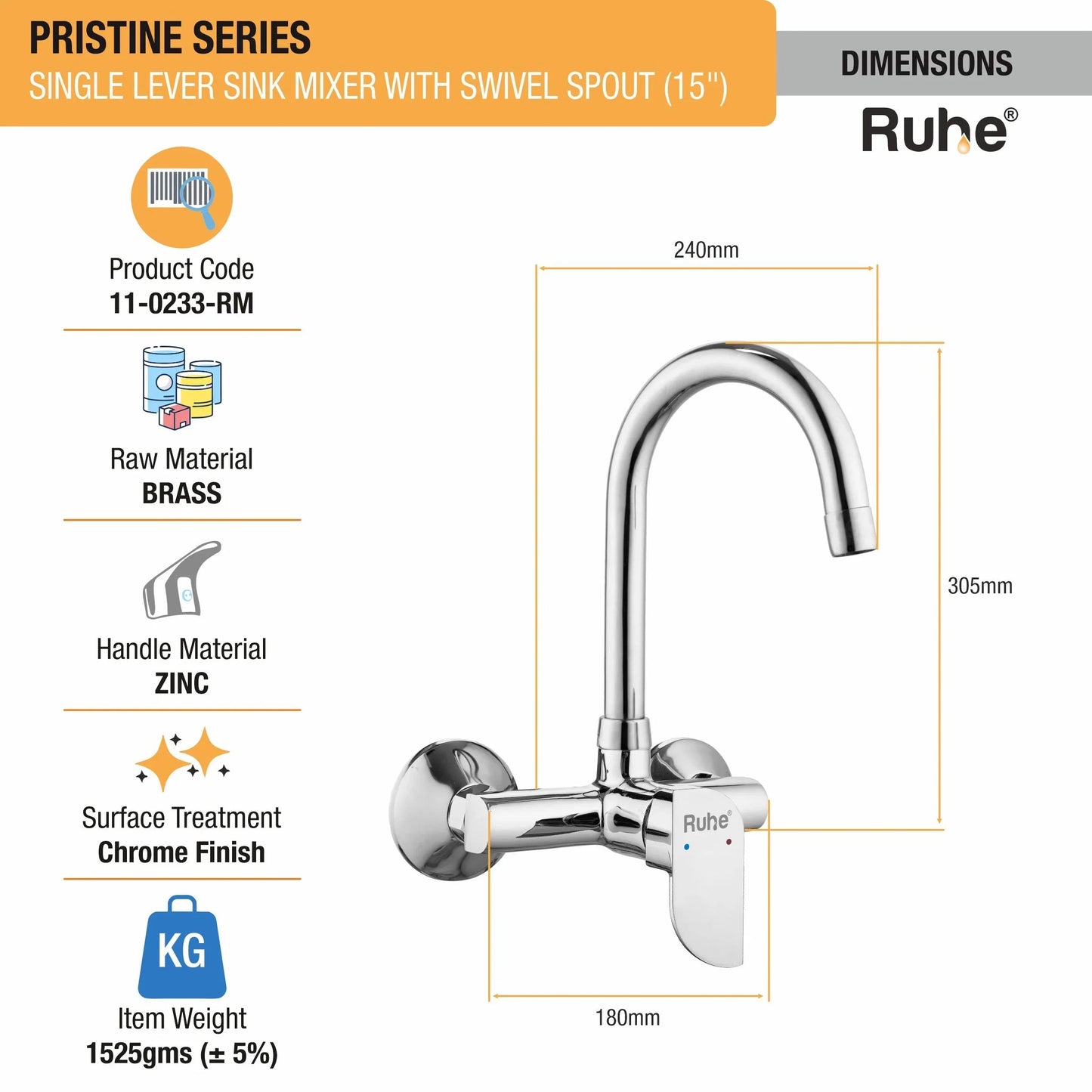 Pristine Single Lever Wall-mount Kitchen Sink Mixer Tap with Medium Swivel Spout (15") - by Ruhe