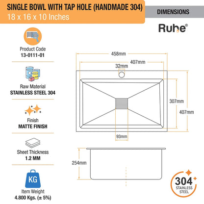 Handmade Single Bowl with Tap Hole Kitchen Sink (18 x 16 x 10 Inches) (Dimensions)