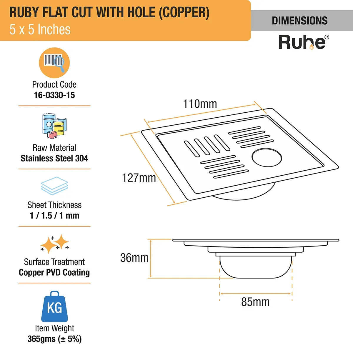 Ruby Square Flat Cut Floor Drain in Antique Copper PVD Coating (5 x 5 Inches) with Hole dimensions and size
