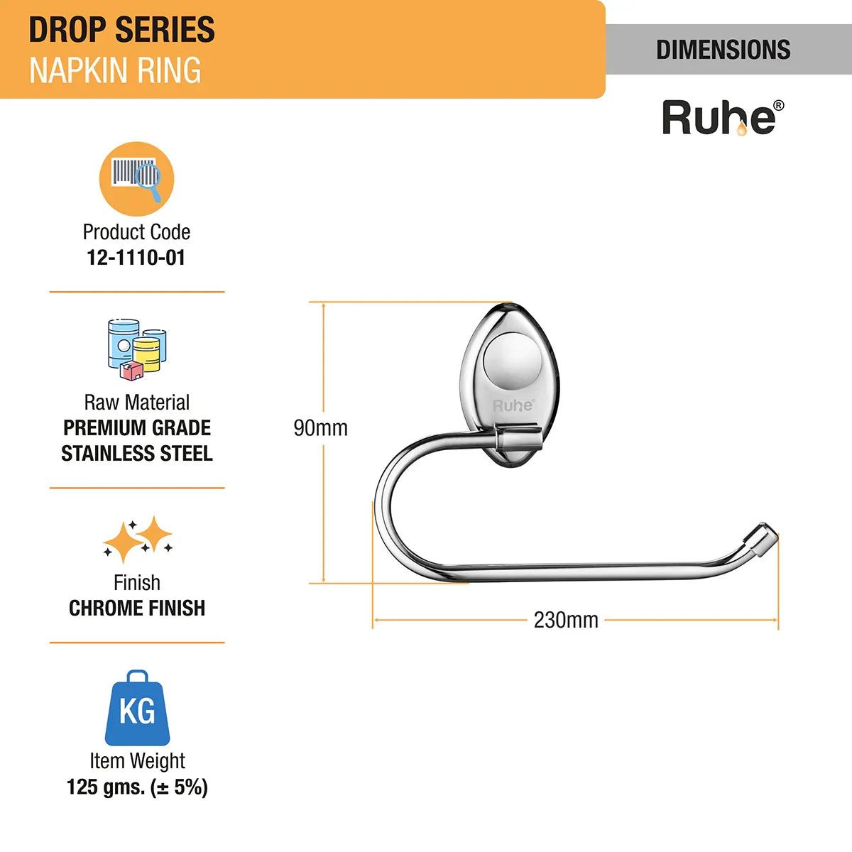 Drop Stainless Steel Napkin Ring dimensions and sizes