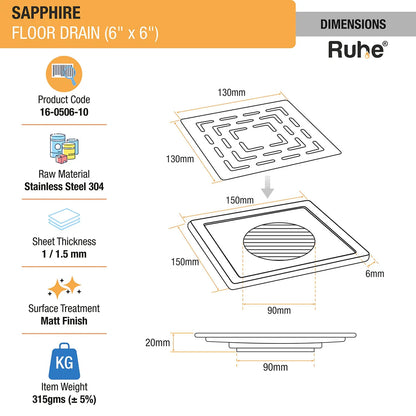 Sapphire Square 304-Grade Floor Drain (6 x 6 Inches) - by Ruhe