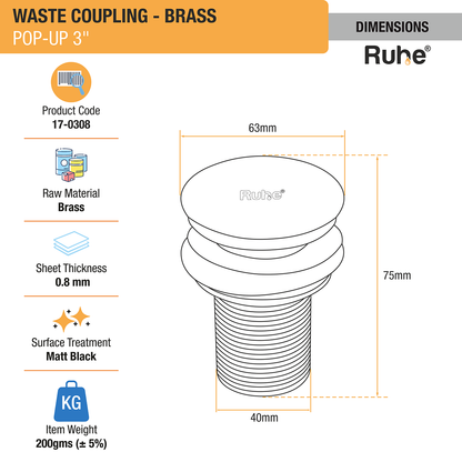 Pop-up Waste Coupling in Matte Black PVD Coating (3 Inches) dimensions and sizes