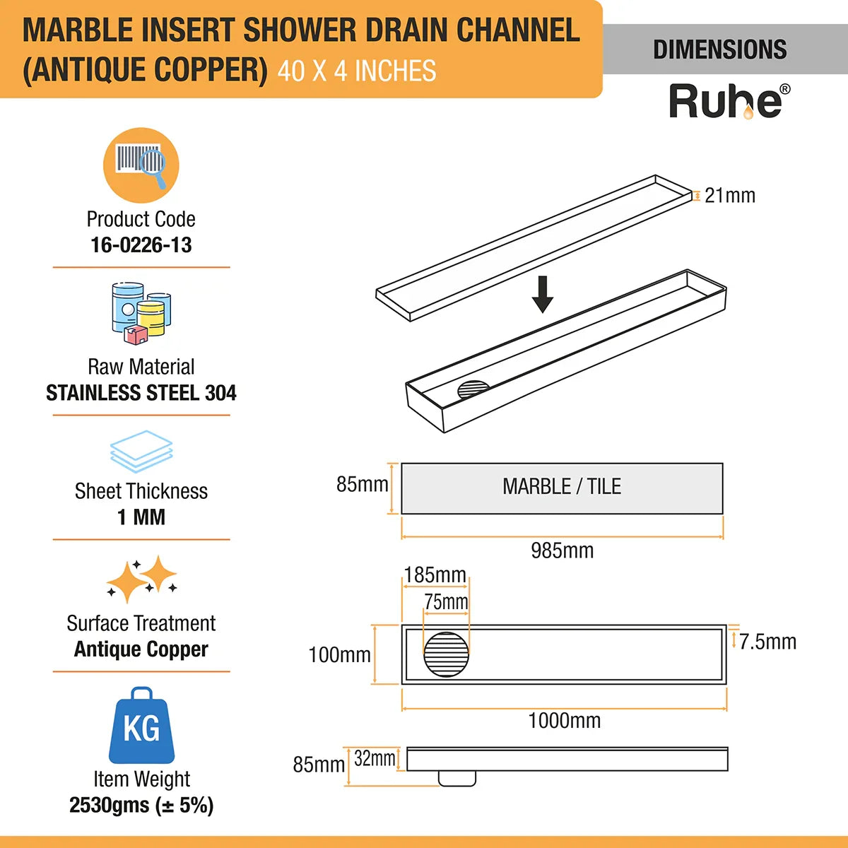 Marble-Insert Shower Drain Channel (4 Inches)