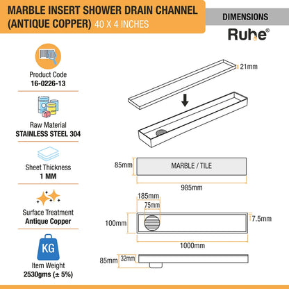 Marble-Insert Shower Drain Channel (4 Inches)
