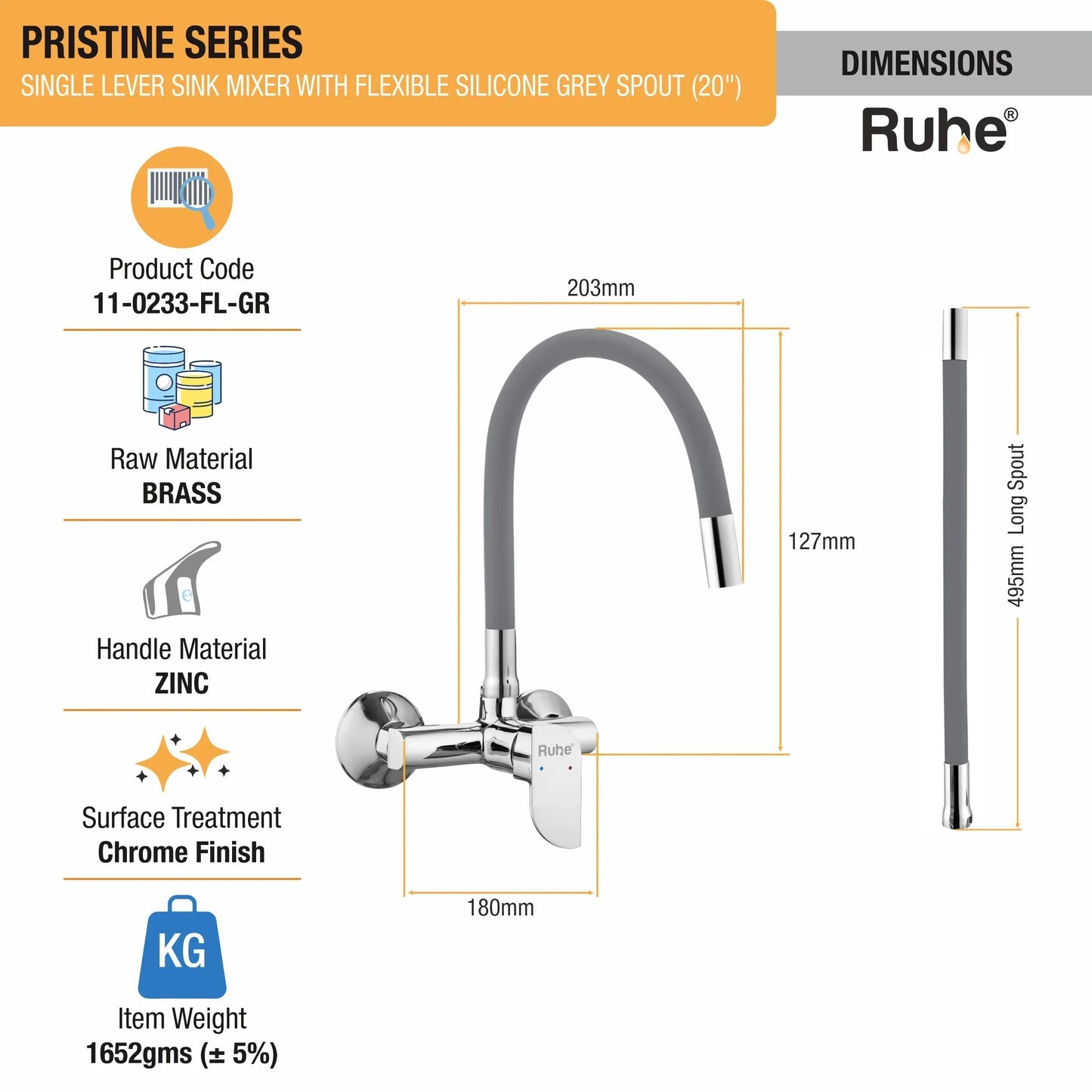 Pristine Single Lever Wall-mount Kitchen Sink Mixer Tap with Coloured Silicone Spout
