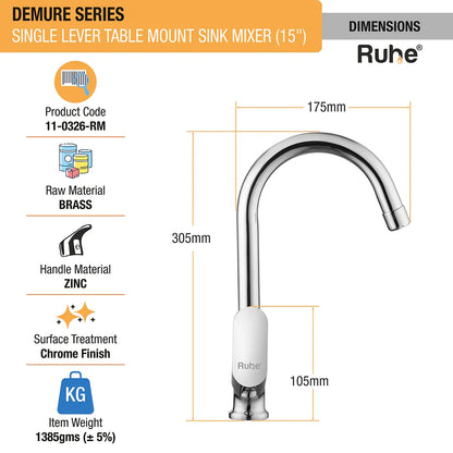 Demure Single Lever Table-Mount Sink Mixer Brass Faucet with Medium (15 Inches) Round Swivel Spout dimensions and sizes