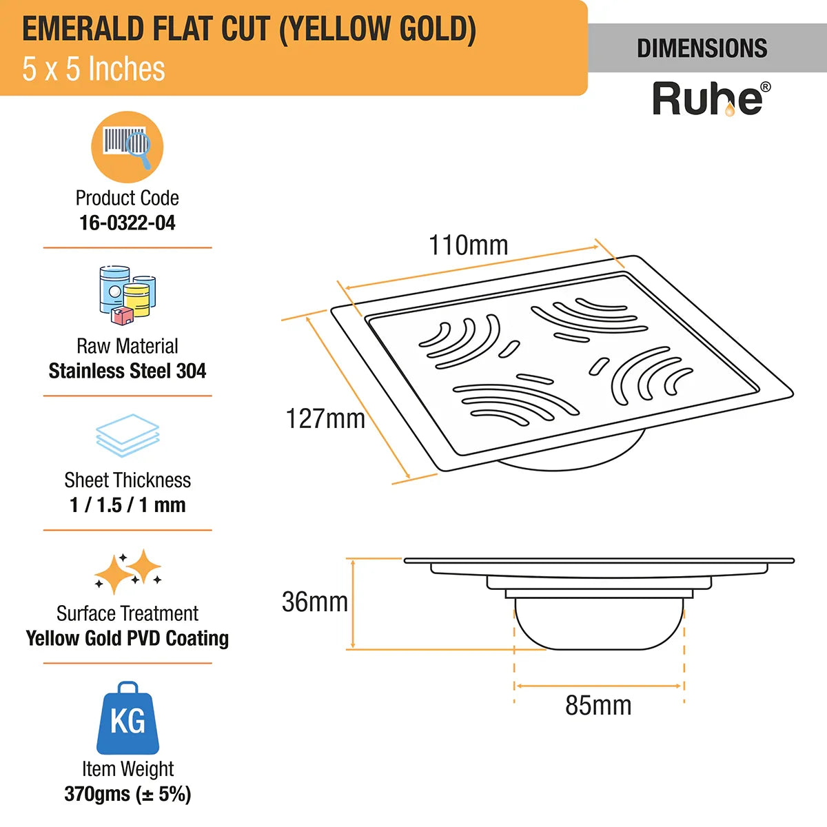 Emerald Square Flat Cut Floor Drain in Yellow Gold PVD Coating (5 x 5 Inches) dimensions and sizes