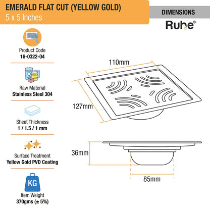 Emerald Square Flat Cut Floor Drain in Yellow Gold PVD Coating (5 x 5 Inches) dimensions and sizes