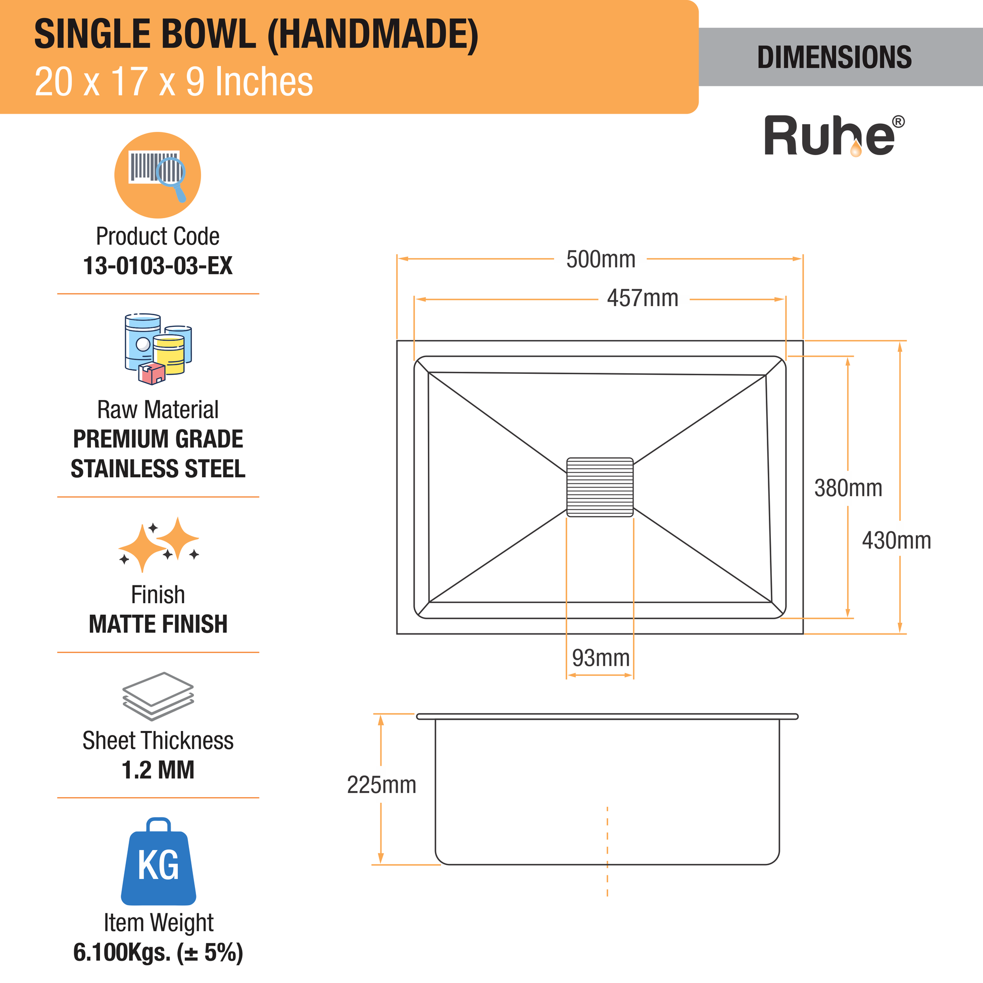 Handmade Single Bowl Kitchen Sink (20 x 17 x 9 Inches) (Dimensions)