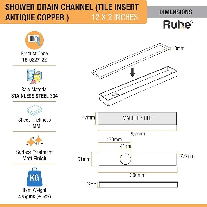 Tile-Insert Shower Drain Channel Coloured (2 Inches)