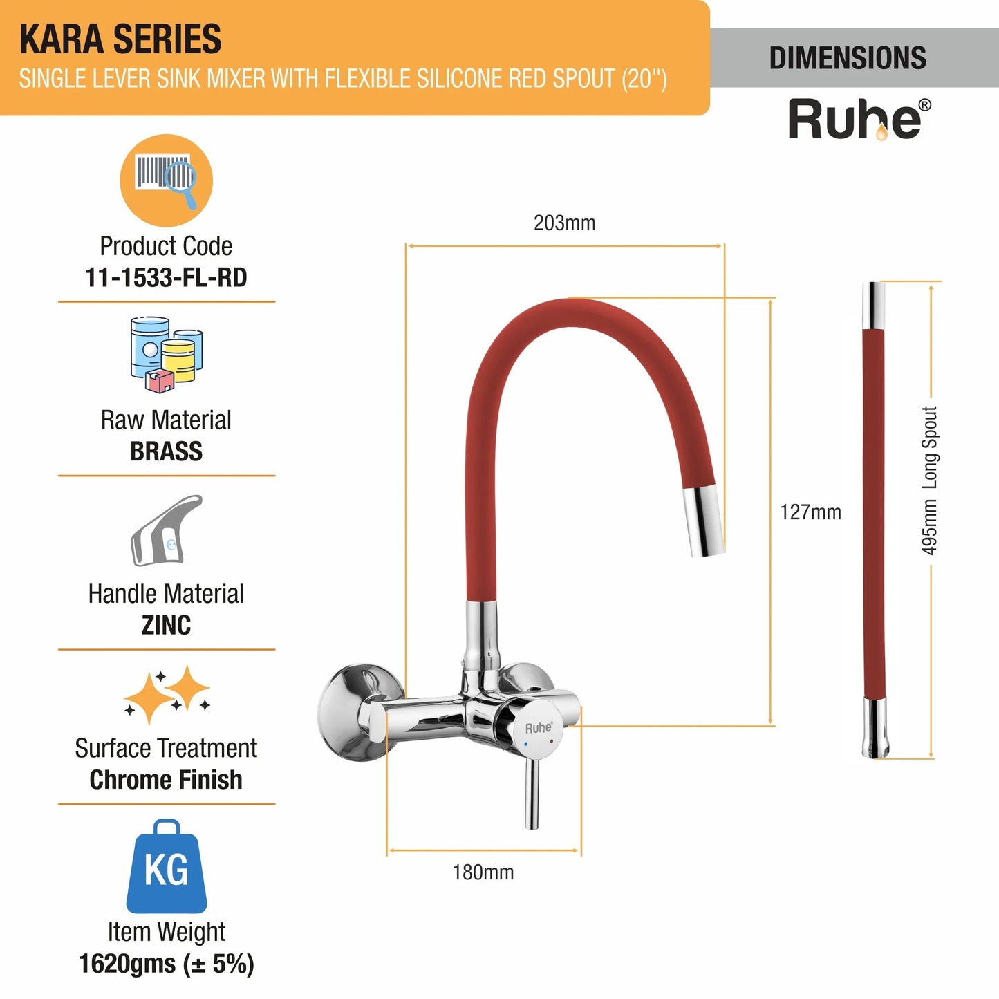 Kara Single Lever Wall-mount Kitchen Sink Mixer Tap with Red Silicone Spout - Size