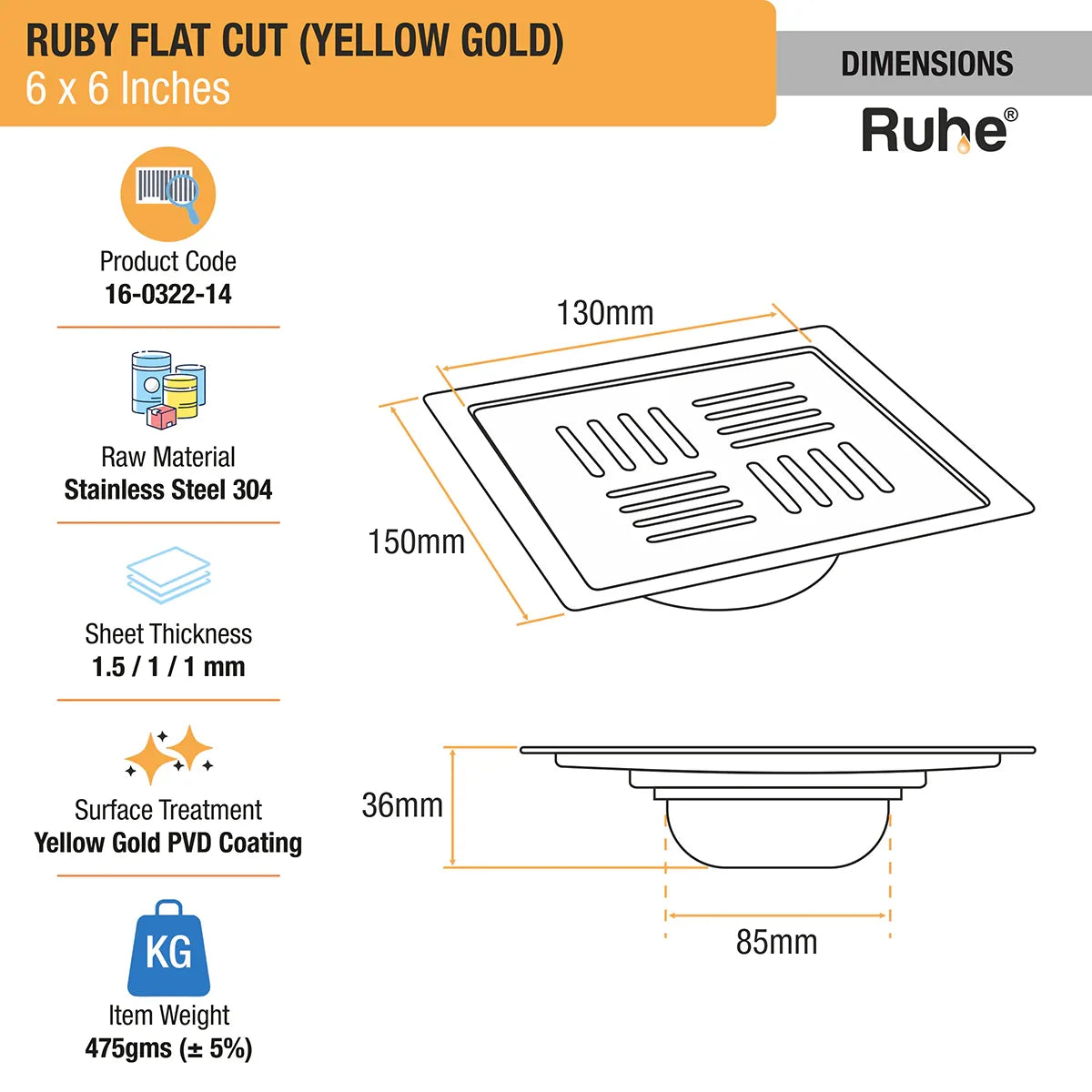 Ruby Square Flat Cut Floor Drain