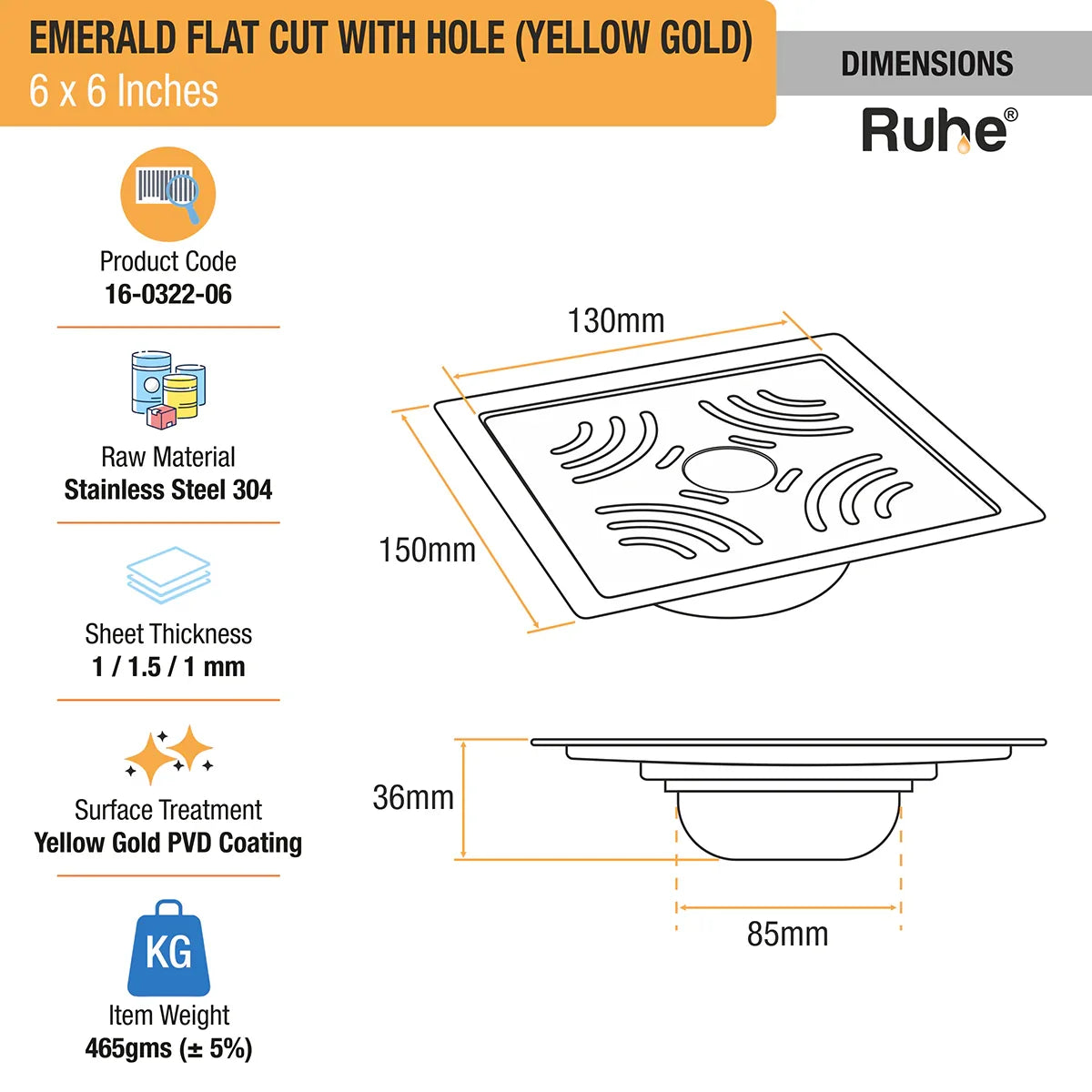 Emerald Square Flat Cut Floor Drain in Yellow Gold PVD Coating (6 x 6 Inches) with Hole dimensions and sizes