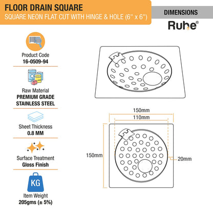 Neon Square Flat Cut Floor Drain (6 x 6 inches) with Hole and Hinged Grating Top dimensions and size