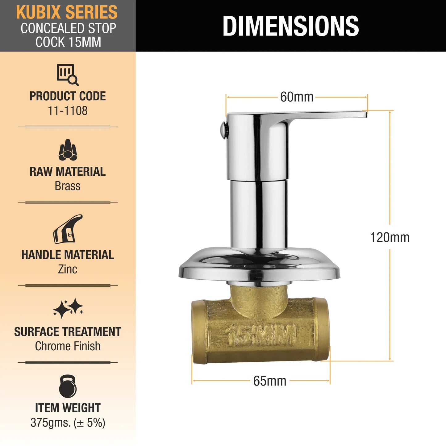 Kubix Concealed Stop Valve Brass Faucet (15mm) dimensions and size