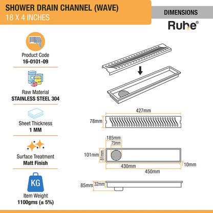 Wave Shower Drain Channel (4 Inches)