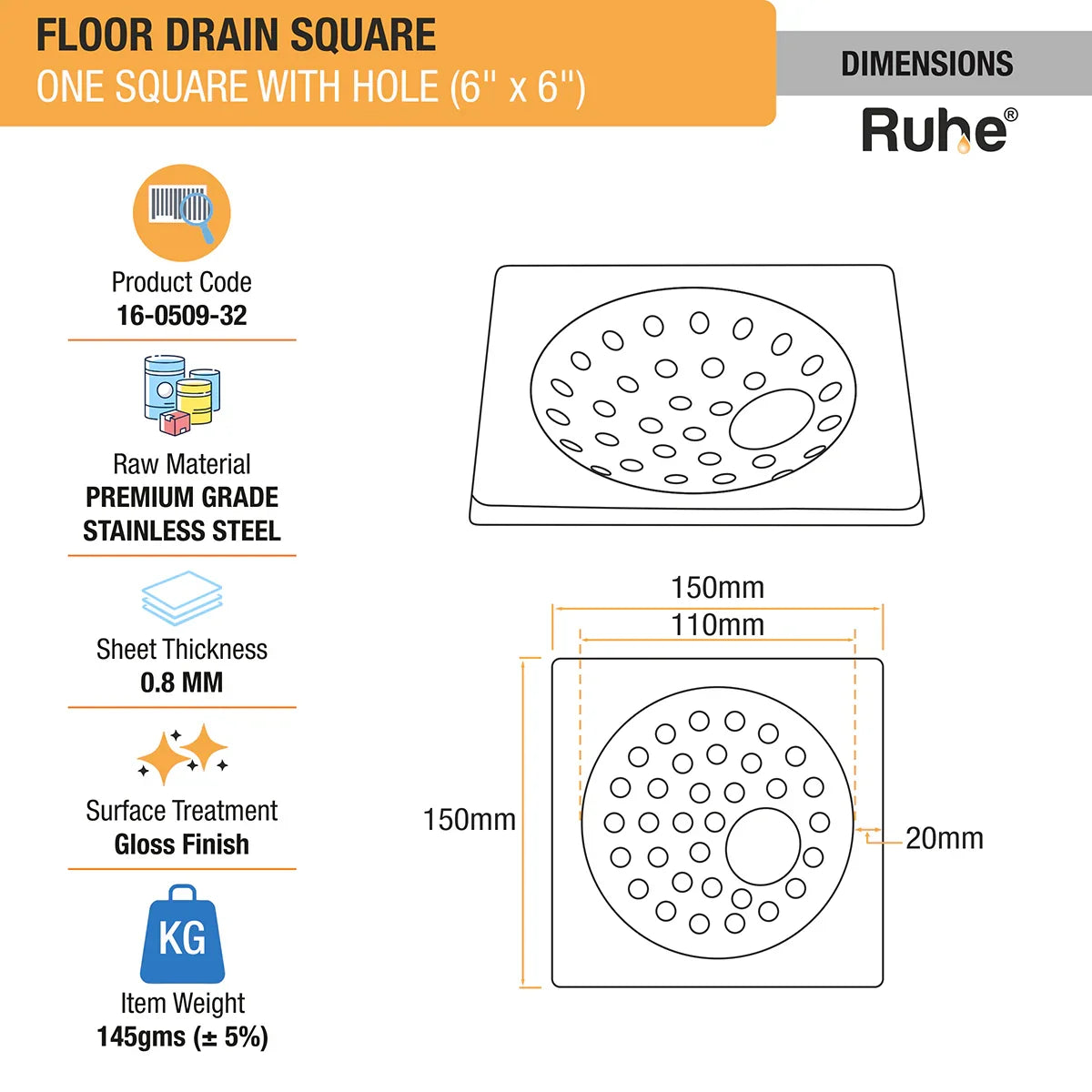 One Square with Collar Floor Drain (6 x 6 inches) with Hole dimensions and size
