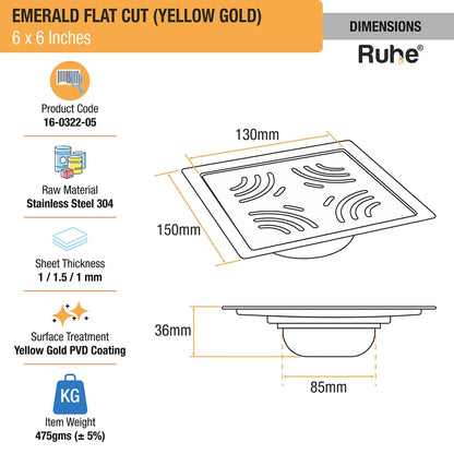 Emerald Square Flat Cut Floor Drain in Yellow Gold PVD Coating (6 x 6 Inches) dimensions and sizes