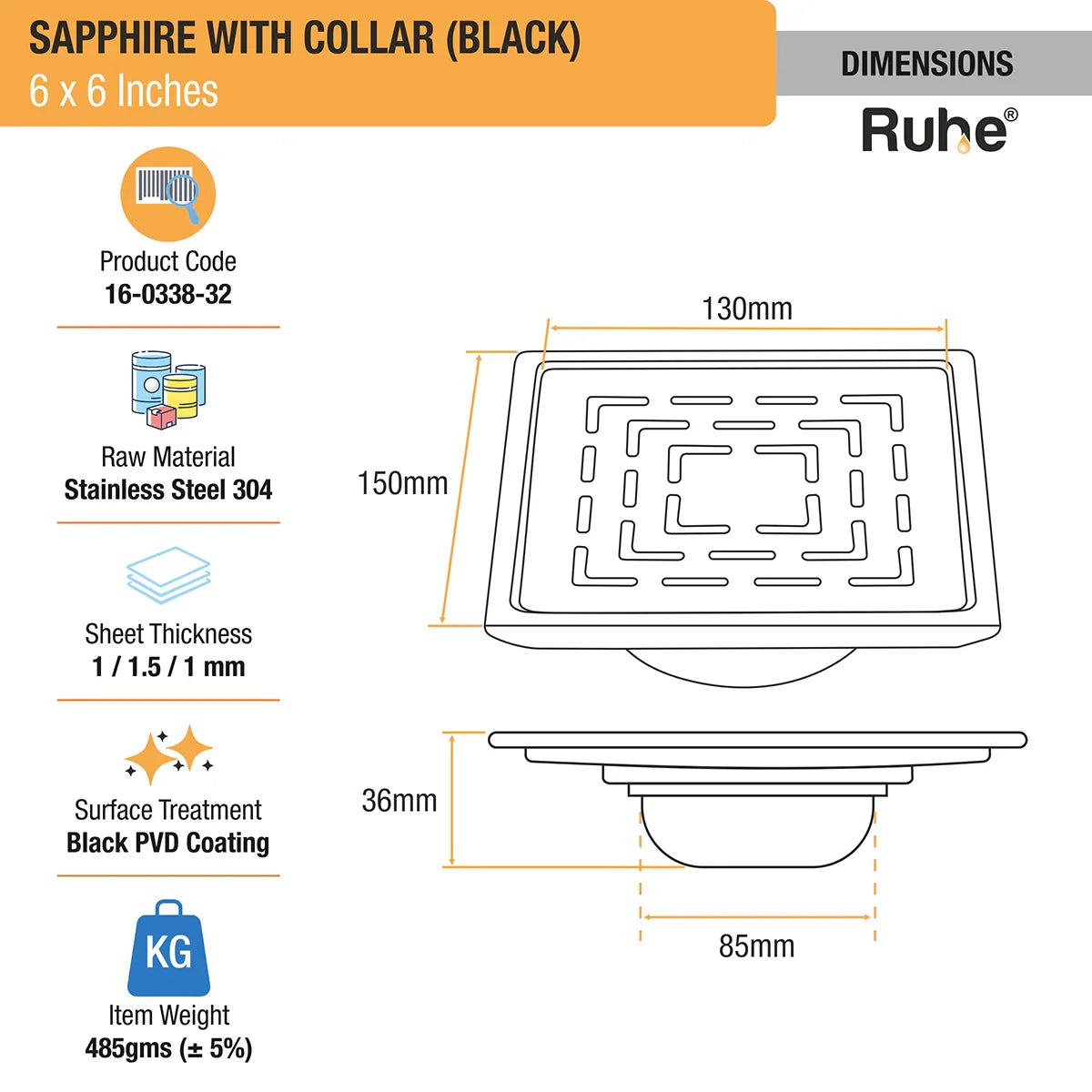 Sapphire Square 304-Grade Floor Drain in Black PVD Coating (6 x 6 Inches) dimensions and sizes
