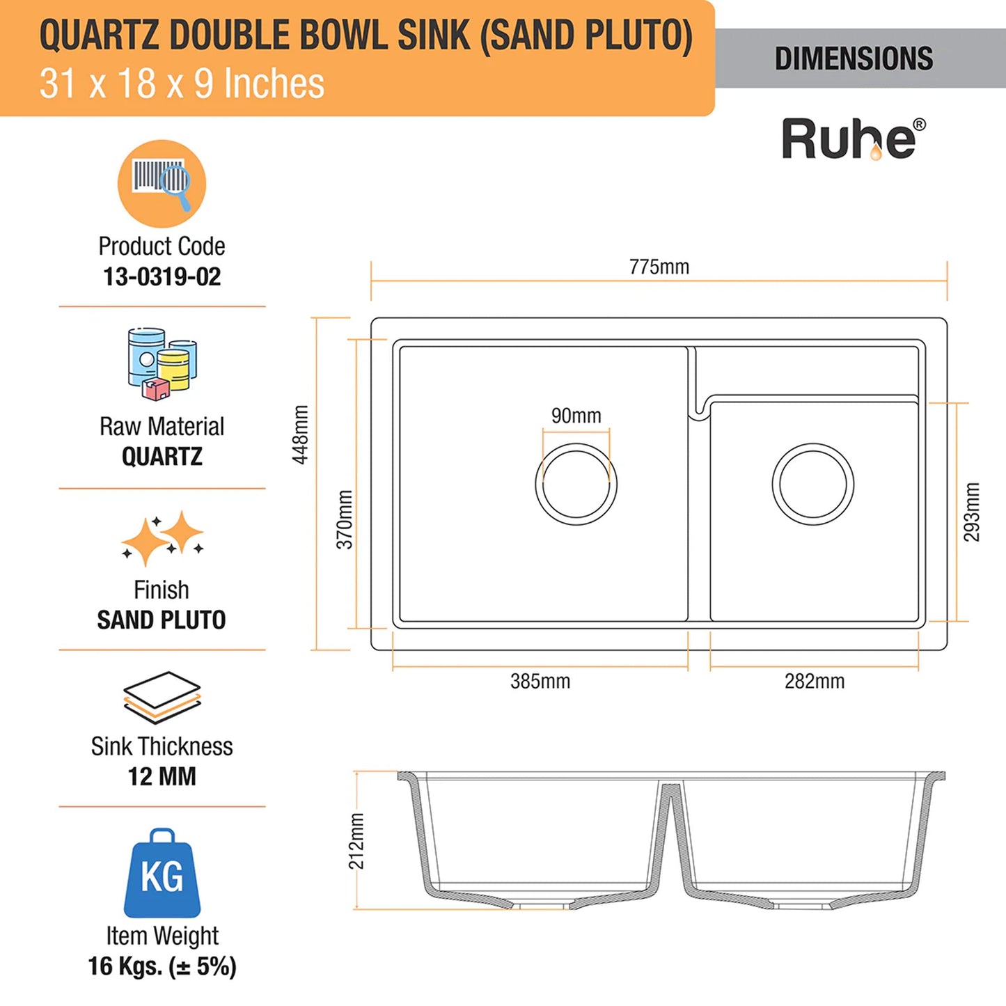 Quartz Double Bowl Kitchen Sink (31 x 18 x 9 Inches)