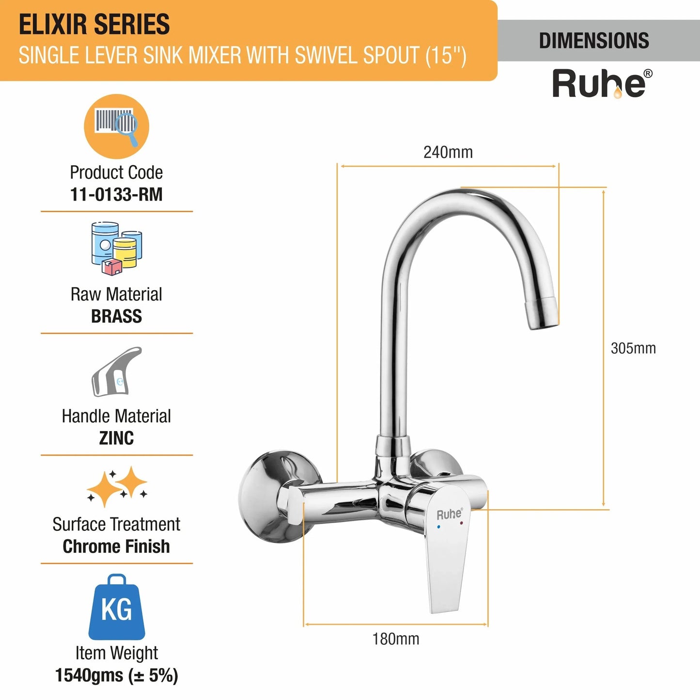 Elixir Single Lever Wall-mount Kitchen Sink Mixer Tap with Medium Swivel Spout (15") - by Ruhe